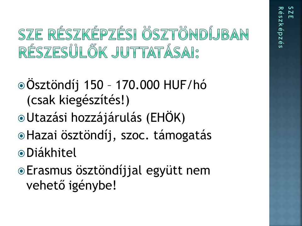  Ösztöndíj 150 – HUF/hó (csak kiegészítés!)  Utazási hozzájárulás (EHÖK)  Hazai ösztöndíj, szoc.