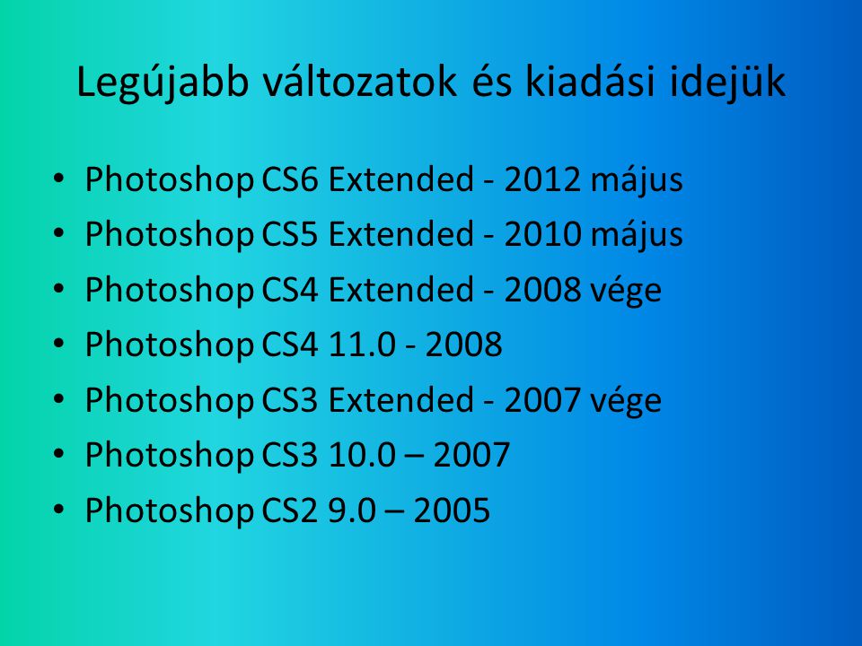 Legújabb változatok és kiadási idejük • Photoshop CS6 Extended május • Photoshop CS5 Extended május • Photoshop CS4 Extended vége • Photoshop CS • Photoshop CS3 Extended vége • Photoshop CS – 2007 • Photoshop CS2 9.0 – 2005