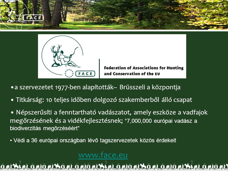 •a szervezetet 1977-ben alapították– Brüsszeli a központja • Titkárság: 10 teljes időben dolgozó szakemberből álló csapat • Népszerűsíti a fenntartható vadászatot, amely eszköze a vadfajok megőrzésének és a vidékfejlesztésnek; 7,000,000 európai vadász a biodiverzitás megőrzéséért • Védi a 36 európai országban lévő tagszervezetek közös érdekeit