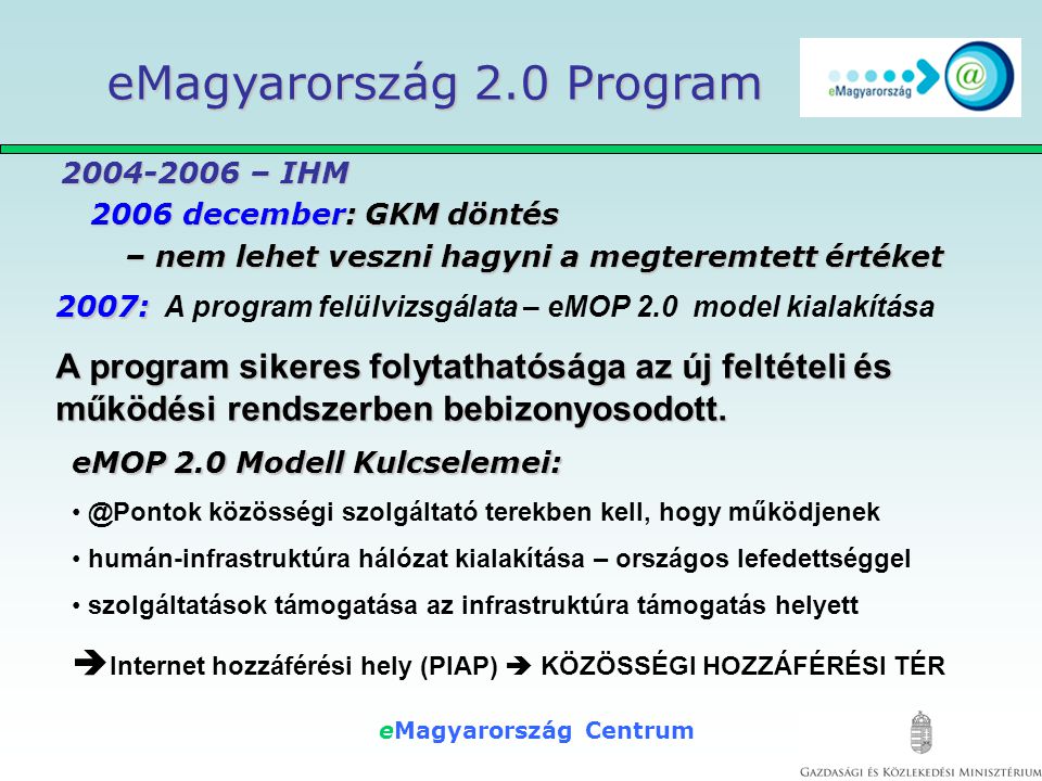 eMagyarország Centrum – IHM 2006 december: GKM döntés – nem lehet veszni hagyni a megteremtett értéket – IHM 2006 december: GKM döntés – nem lehet veszni hagyni a megteremtett értéket eMagyarország 2.0 Program 2007: 2007: A program felülvizsgálata – eMOP 2.0 model kialakítása A program sikeres folytathatósága az új feltételi és működési rendszerben bebizonyosodott.