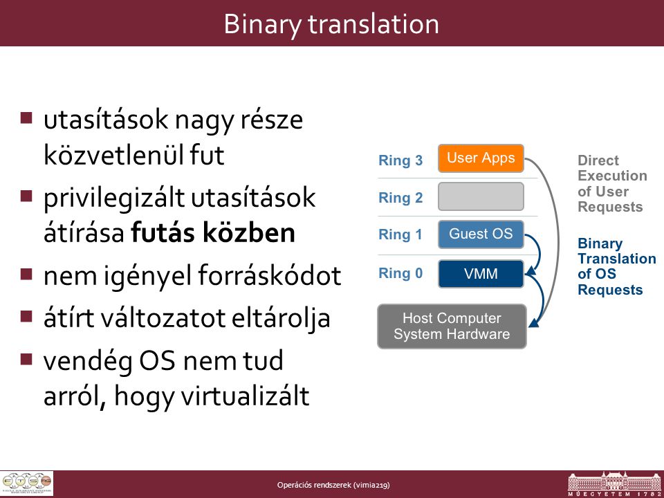 Operációs rendszerek (vimia219) Binary translation  utasítások nagy része közvetlenül fut  privilegizált utasítások átírása futás közben  nem igényel forráskódot  átírt változatot eltárolja  vendég OS nem tud arról, hogy virtualizált