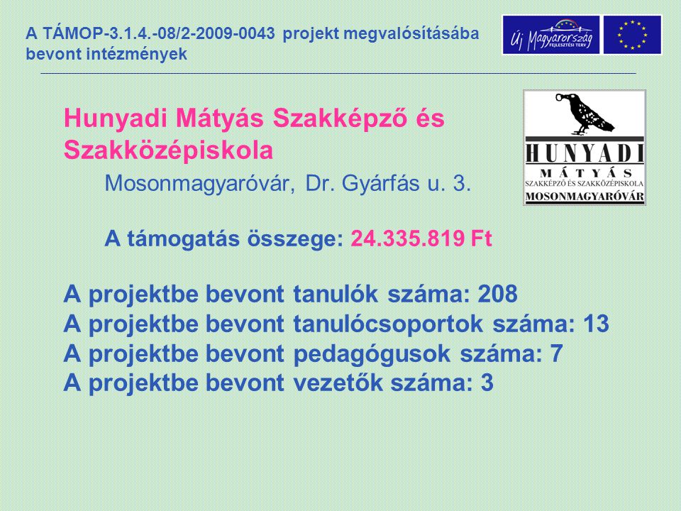 A TÁMOP / projekt megvalósításába bevont intézmények Hunyadi Mátyás Szakképző és Szakközépiskola Mosonmagyaróvár, Dr.