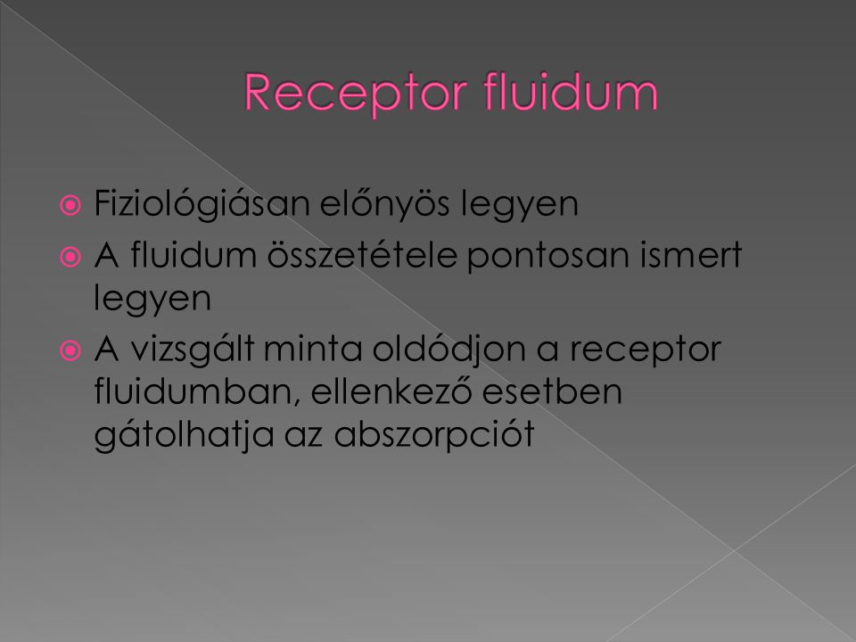  Fiziológiásan előnyös legyen  A fluidum összetétele pontosan ismert legyen  A vizsgált minta oldódjon a receptor fluidumban, ellenkező esetben gátolhatja az abszorpciót