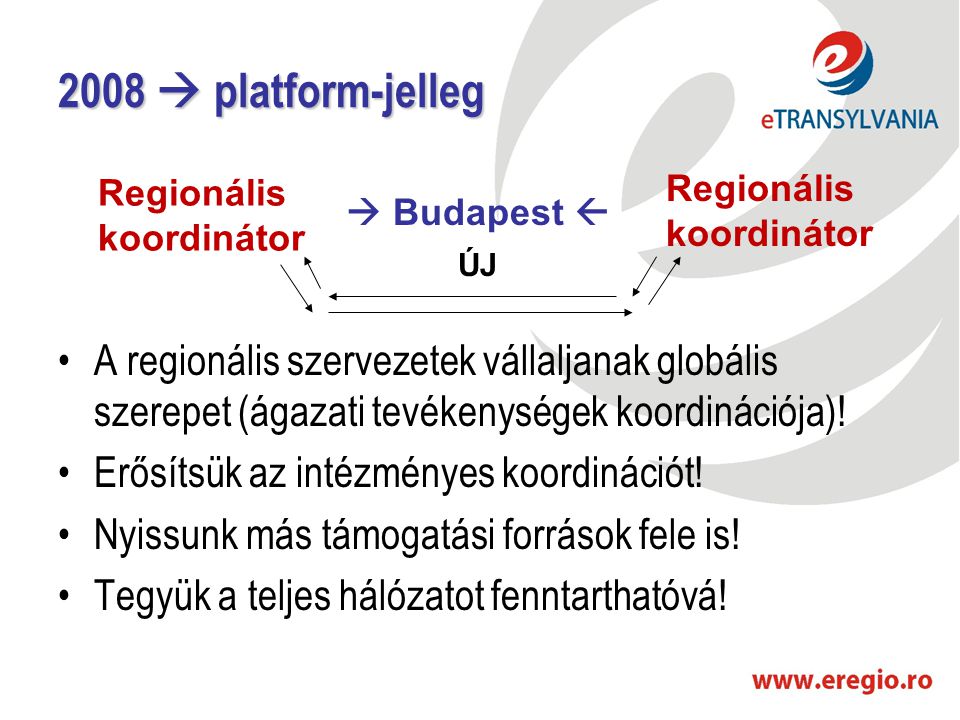 2008  platform-jelleg •A regionális szervezetek vállaljanak globális szerepet (ágazati tevékenységek koordinációja).