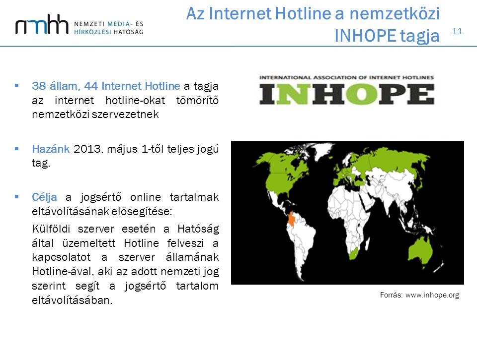 11  38 állam, 44 Internet Hotline a tagja az internet hotline-okat tömörítő nemzetközi szervezetnek  Hazánk 2013.