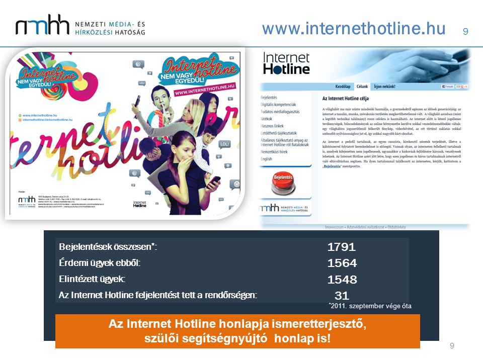 9   Az Internet Hotline honlapja ismeretterjesztő, szülői segítségnyújtó honlap is.