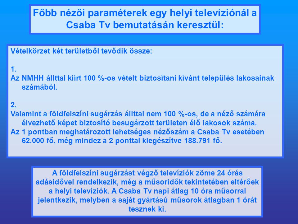 Főbb nézői paraméterek egy helyi televíziónál a Csaba Tv bemutatásán keresztül: Vételkörzet két területből tevődik össze: 1.
