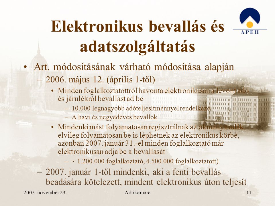 2005. november 23.Adókamara11 Elektronikus bevallás és adatszolgáltatás •Art.