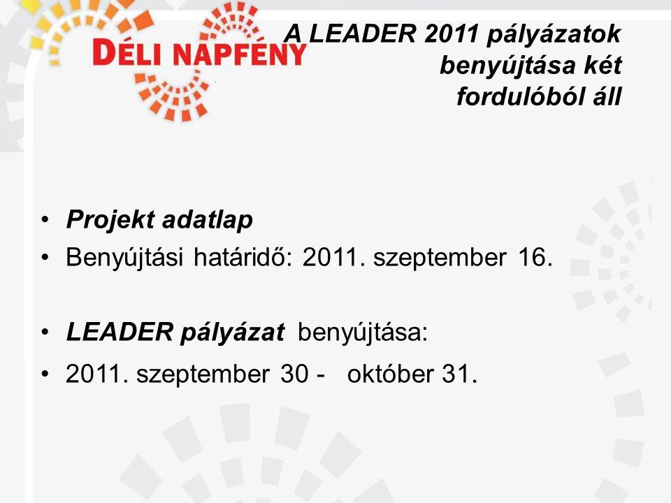 A LEADER 2011 pályázatok benyújtása két fordulóból áll •Projekt adatlap •Benyújtási határidő: 2011.