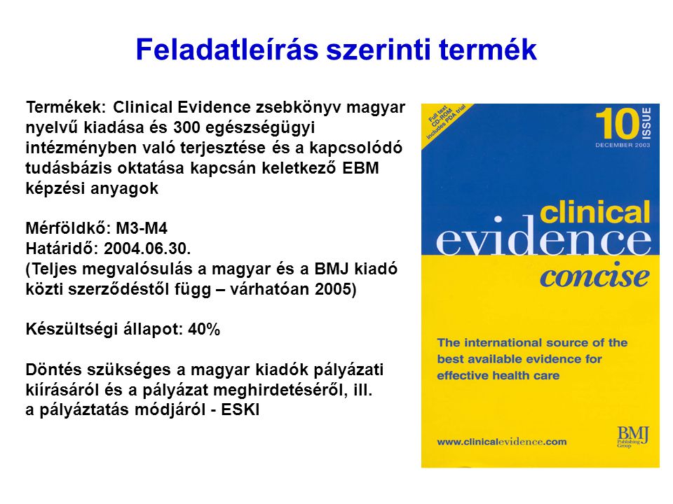 Feladatleírás szerinti termék Termékek: Clinical Evidence zsebkönyv magyar nyelvű kiadása és 300 egészségügyi intézményben való terjesztése és a kapcsolódó tudásbázis oktatása kapcsán keletkező EBM képzési anyagok Mérföldkő: M3-M4 Határidő:
