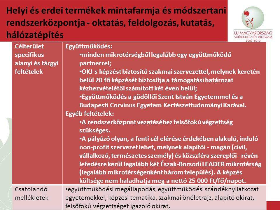 Helyi és erdei termékek mintafarmja és módszertani rendszerközpontja - oktatás, feldolgozás, kutatás, hálózatépítés 2014.