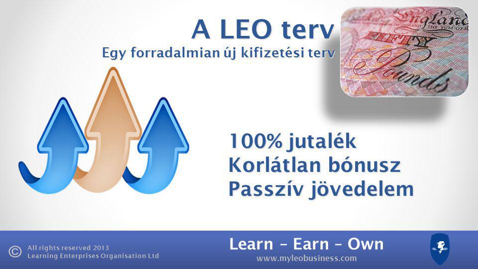 Learn – Earn – Own   All rights reserved 2013 Learning Enterprises Organisation Ltd A LEO terv Egy forradalmian új kifizetési terv Egy forradalmian új kifizetési terv 100% jutalék Korlátlan bónusz Passzív jövedelem