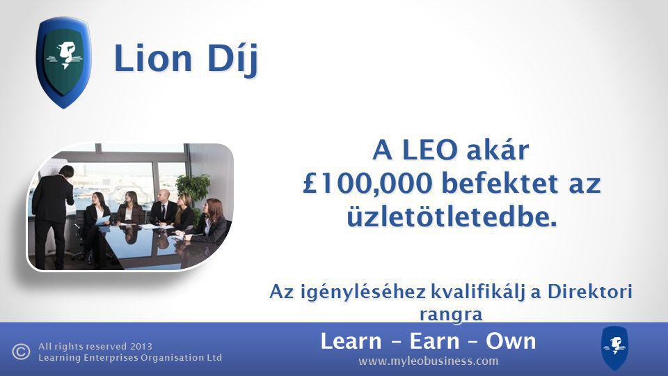 Learn – Earn – Own   All rights reserved 2013 Learning Enterprises Organisation Ltd Lion Díj A LEO akár £100,000 befektet az üzletötletedbe.