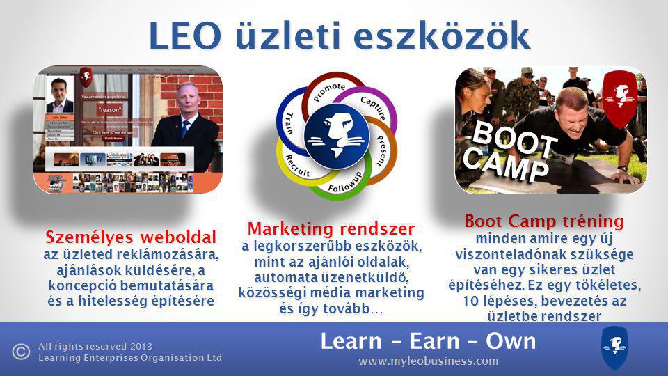 Learn – Earn – Own   All rights reserved 2013 Learning Enterprises Organisation Ltd LEO üzleti eszközök Személyes weboldal az üzleted reklámozására, ajánlások küldésére, a koncepció bemutatására és a hitelesség építésére Marketing rendszer a legkorszer ű bb eszközök, mint az ajánlói oldalak, automata üzenetküld ő, közösségi média marketing és így tovább… Boot Camp tréning minden amire egy új viszonteladónak szüksége van egy sikeres üzlet építéséhez.