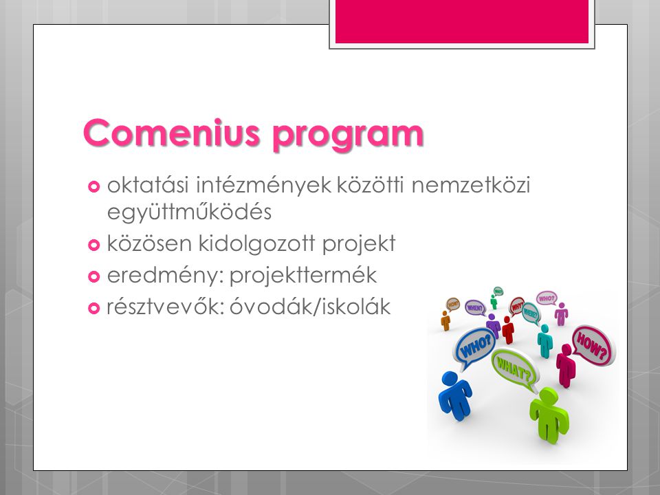 Comenius program  oktatási intézmények közötti nemzetközi együttműködés  közösen kidolgozott projekt  eredmény: projekttermék  résztvevők: óvodák/iskolák
