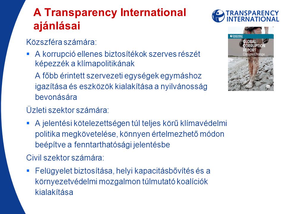 A Transparency International ajánlásai Közszféra számára:  A korrupció ellenes biztosítékok szerves részét képezzék a klímapolitikának A főbb érintett szervezeti egységek egymáshoz igazítása és eszközök kialakítása a nyilvánosság bevonására Üzleti szektor számára:  A jelentési kötelezettségen túl teljes körű klímavédelmi politika megkövetelése, könnyen értelmezhető módon beépítve a fenntarthatósági jelentésbe Civil szektor számára:  Felügyelet biztosítása, helyi kapacitásbővítés és a környezetvédelmi mozgalmon túlmutató koalíciók kialakítása
