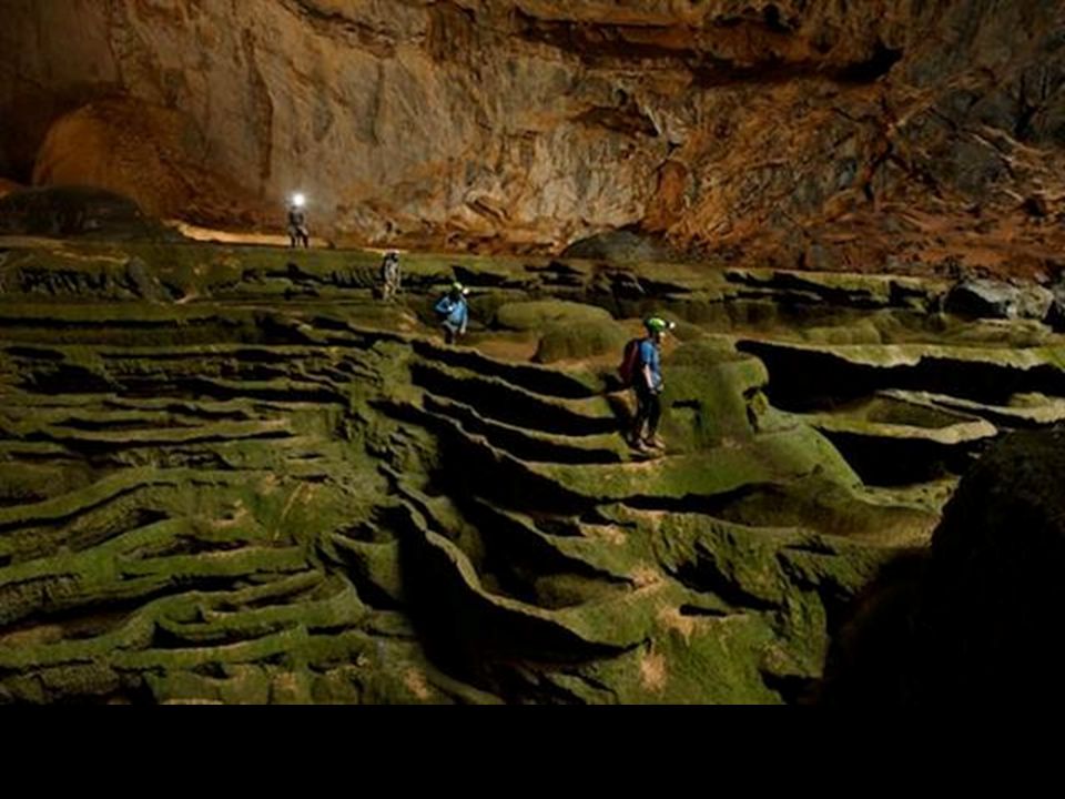 Algáktól zöldre festett és kövévált vizesésre emlékeztetö mészköfal állta el a fáradt barlangászok, felfedezö útját