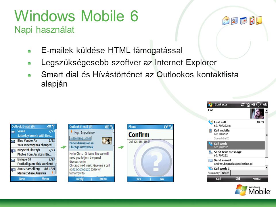 Windows Mobile 6 Napi használat  ek küldése HTML támogatással Legszükségesebb szoftver az Internet Explorer Smart dial és Hívástörténet az Outlookos kontaktlista alapján