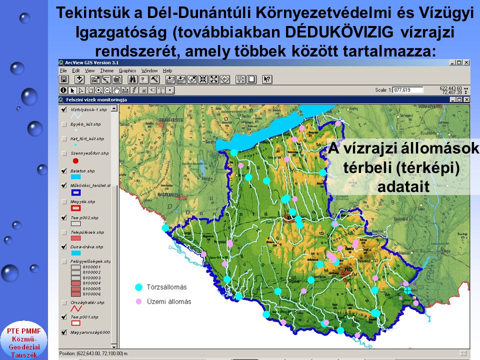 Tekintsük a Dél-Dunántúli Környezetvédelmi és Vízügyi Igazgatóság (továbbiakban DÉDUKÖVIZIG vízrajzi rendszerét, amely többek között tartalmazza: A vízrajzi állomások térbeli (térképi) adatait