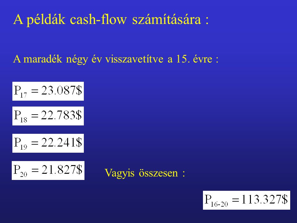 A példák cash-flow számítására : A maradék négy év visszavetítve a 15. évre : Vagyis összesen :