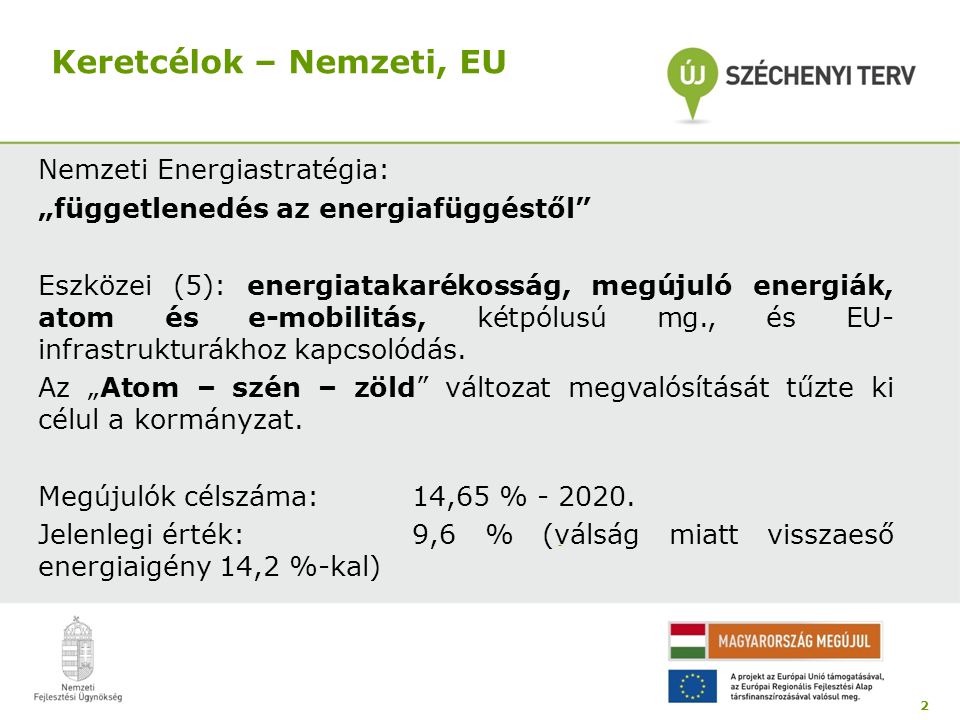 Keretcélok – Nemzeti, EU Nemzeti Energiastratégia: „függetlenedés az energiafüggéstől Eszközei (5): energiatakarékosság, megújuló energiák, atom és e-mobilitás, kétpólusú mg., és EU- infrastrukturákhoz kapcsolódás.
