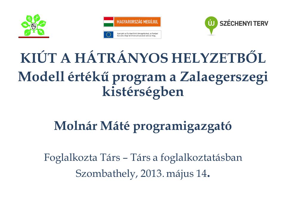 KIÚT A HÁTRÁNYOS HELYZETBŐL Modell értékű program a Zalaegerszegi kistérségben Molnár Máté programigazgató Foglalkozta Társ – Társ a foglalkoztatásban Szombathely, 2013.