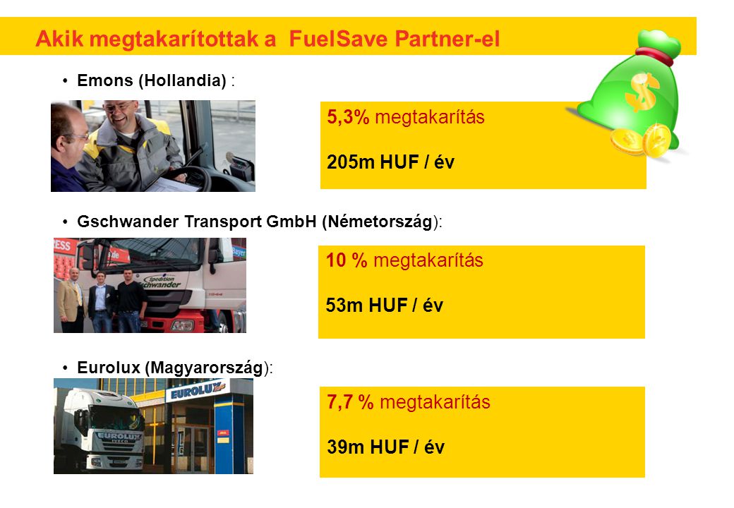 Akik megtakarítottak a FuelSave Partner-el 5,3% megtakarítás 205m HUF / év 10 % megtakarítás 53m HUF / év 7,7 % megtakarítás 39m HUF / év • Emons (Hollandia) : • Gschwander Transport GmbH (Németország): • Eurolux (Magyarország):
