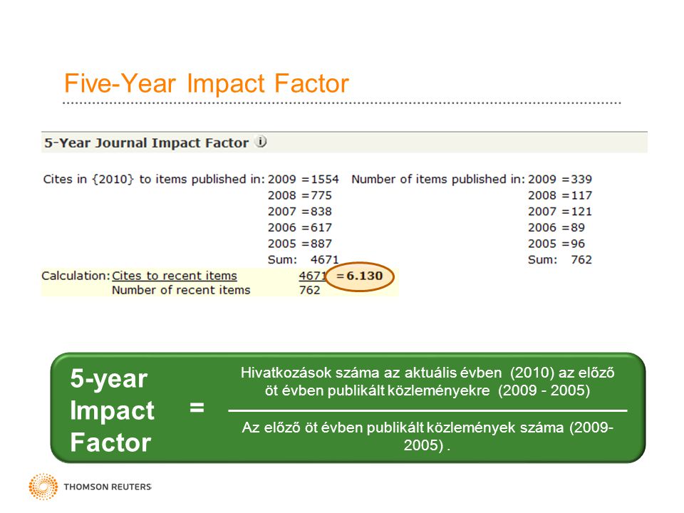 Five-Year Impact Factor Hivatkozások száma az aktuális évben (2010) az előző öt évben publikált közleményekre ( ) Az előző öt évben publikált közlemények száma ( ).