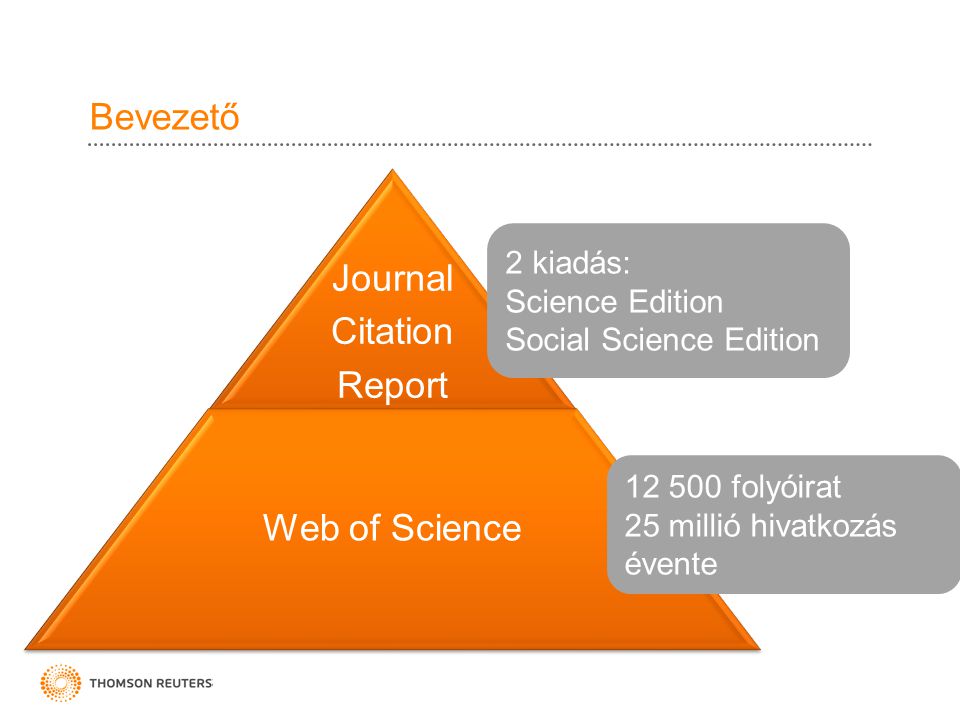 Bevezető Journal Citation Report Web of Science folyóirat 25 millió hivatkozás évente 2 kiadás: Science Edition Social Science Edition