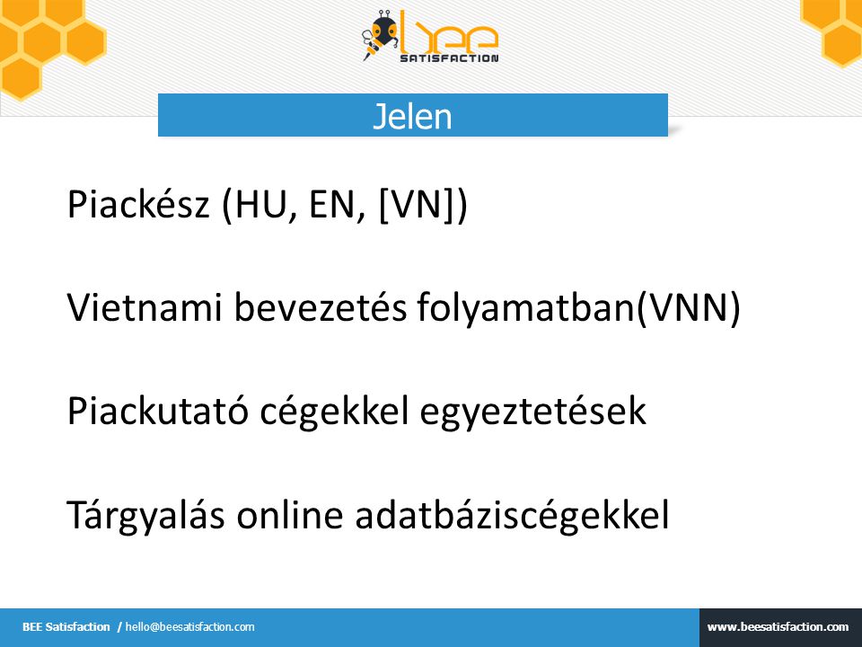 BEE Satisfaction / Jelen Piackész (HU, EN, [VN]) Vietnami bevezetés folyamatban(VNN) Piackutató cégekkel egyeztetések Tárgyalás online adatbáziscégekkel