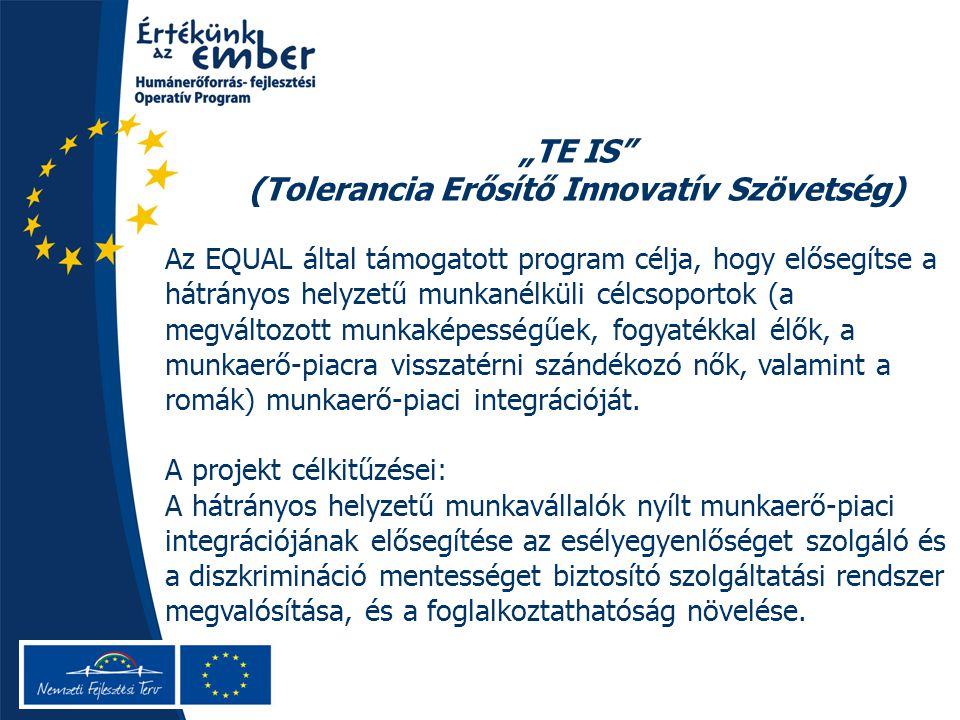 „TE IS (Tolerancia Erősítő Innovatív Szövetség) Az EQUAL által támogatott program célja, hogy elősegítse a hátrányos helyzetű munkanélküli célcsoportok (a megváltozott munkaképességűek, fogyatékkal élők, a munkaerő-piacra visszatérni szándékozó nők, valamint a romák) munkaerő-piaci integrációját.