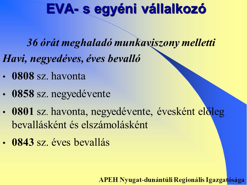 EVA- s egyéni vállalkozó Főfoglalkozású Havi, negyedéves, éves bevalló • 0808 sz.