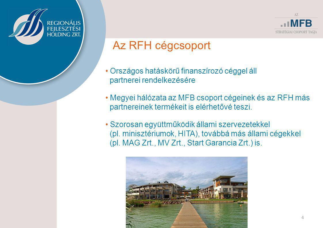 4 Az RFH cégcsoport • Országos hatáskörű finanszírozó céggel áll partnerei rendelkezésére • Megyei hálózata az MFB csoport cégeinek és az RFH más partnereinek termékeit is elérhetővé teszi.