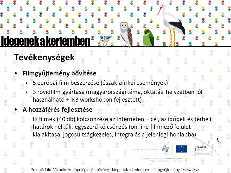 Tevékenységek •Filmgyűjtemény bővítése  5 európai film beszerzése (észak-afrikai események)  3 rövidfilm gyártása (magyarországi téma, oktatási helyzetben jól használható + IK3 workshopon fejlesztett) •A hozzáférés fejlesztése IK filmek (40 db) kölcsönzése az Interneten – cél, az időbeli és térbeli határok nélküli, egyszerű kölcsönzés (on-line filmnéző felület kialakítása, jogosultságkezelés, integrálás a jelenlegi honlapba) Palantír Film Vizuális Antropológiai Alapítvány - Idegenek a kertemben - filmgyűjtemény fejlesztése