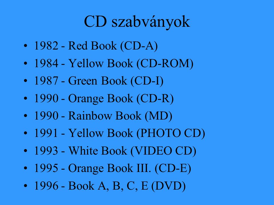 CD szabványok • Red Book (CD-A) • Yellow Book (CD-ROM) • Green Book (CD-I) • Orange Book (CD-R) • Rainbow Book (MD) • Yellow Book (PHOTO CD) • White Book (VIDEO CD) • Orange Book III.