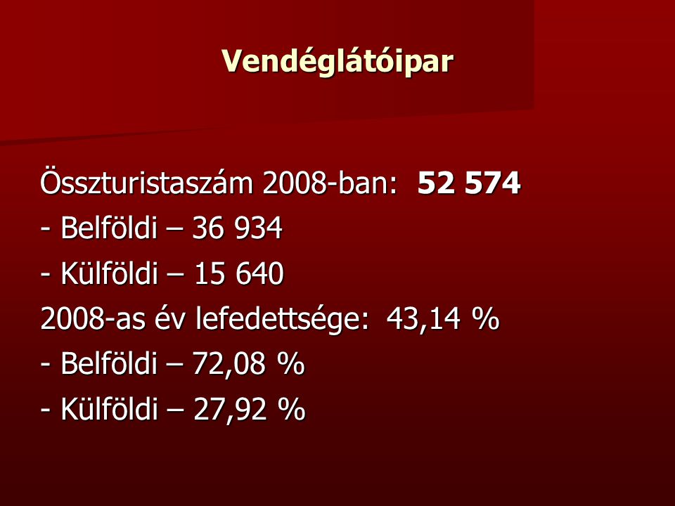 Vendéglátóipar Összturistaszám 2008-ban: Belföldi – Külföldi – as év lefedettsége: 43,14 % - Belföldi – 72,08 % - Külföldi – 27,92 %