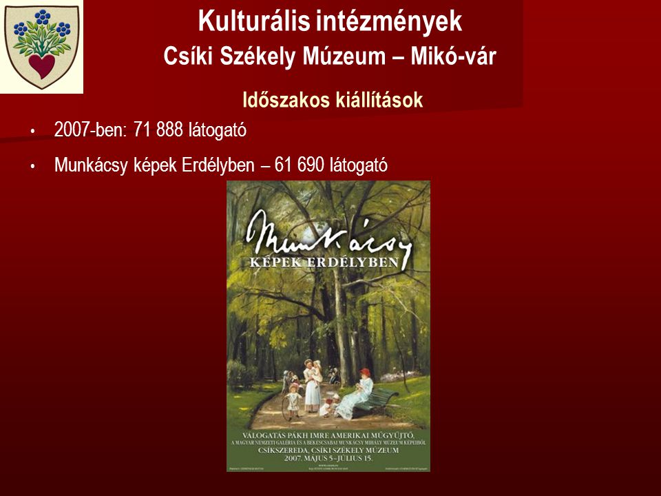 Kulturális intézmények Csíki Székely Múzeum – Mikó-vár Időszakos kiállítások • • 2007-ben: látogató • • Munkácsy képek Erdélyben – látogató