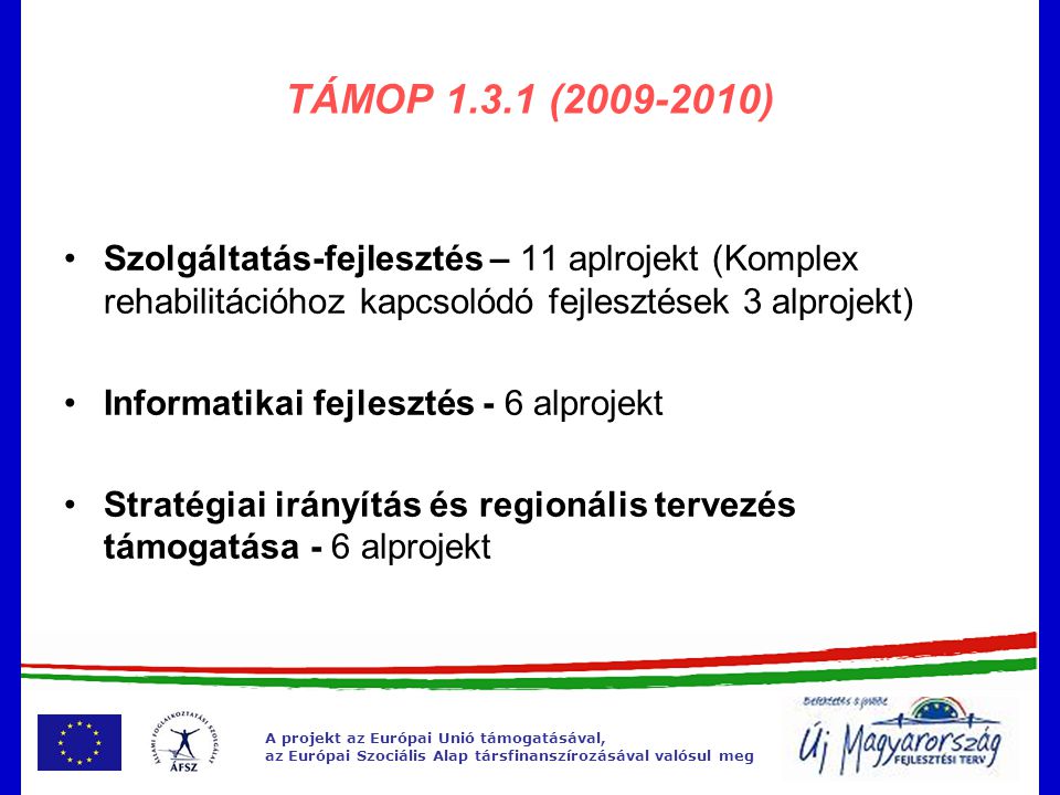 A projekt az Európai Unió támogatásával, az Európai Szociális Alap társfinanszírozásával valósul meg TÁMOP ( ) •Szolgáltatás-fejlesztés – 11 aplrojekt (Komplex rehabilitációhoz kapcsolódó fejlesztések 3 alprojekt) •Informatikai fejlesztés - 6 alprojekt •Stratégiai irányítás és regionális tervezés támogatása - 6 alprojekt