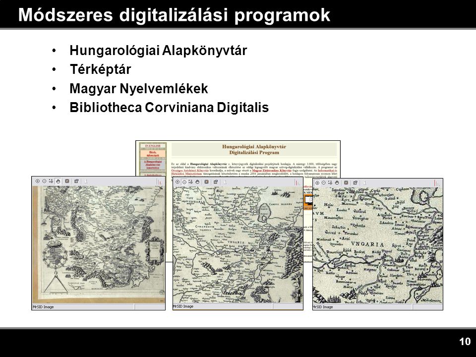 10 Módszeres digitalizálási programok •Hungarológiai Alapkönyvtár •Térképtár •Magyar Nyelvemlékek •Bibliotheca Corviniana Digitalis