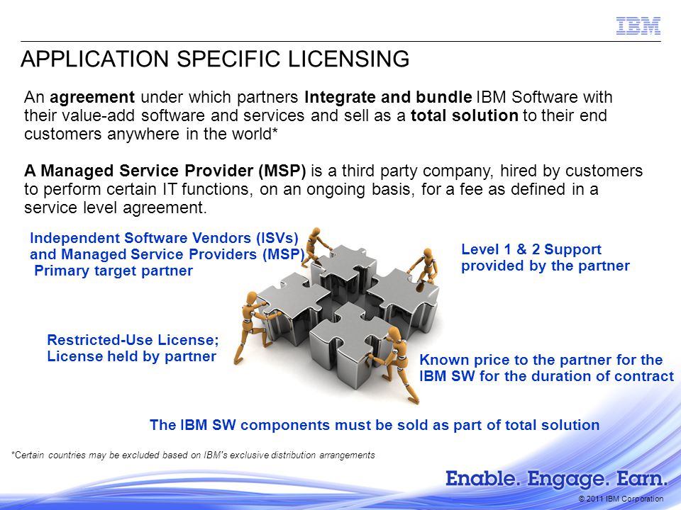 © 2011 IBM Corporation APPLICATION SPECIFIC LICENSING *Certain countries may be excluded based on IBM s exclusive distribution arrangements Level 1 & 2 Support provided by the partner Restricted-Use License; License held by partner Known price to the partner for the IBM SW for the duration of contract Independent Software Vendors (ISVs) and Managed Service Providers (MSP) Primary target partner The IBM SW components must be sold as part of total solution An agreement under which partners Integrate and bundle IBM Software with their value-add software and services and sell as a total solution to their end customers anywhere in the world* A Managed Service Provider (MSP) is a third party company, hired by customers to perform certain IT functions, on an ongoing basis, for a fee as defined in a service level agreement.