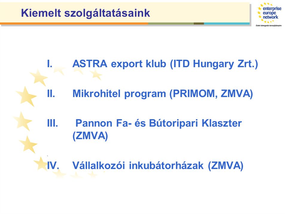 Kiemelt szolgáltatásaink I.ASTRA export klub (ITD Hungary Zrt.) II.Mikrohitel program (PRIMOM, ZMVA) III.