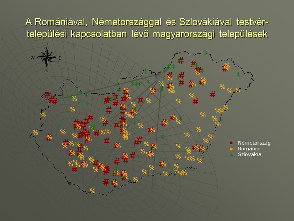 A Romániával, Németországgal és Szlovákiával testvér- települési kapcsolatban lévő magyarországi települések Németország Románia Szlovákia 