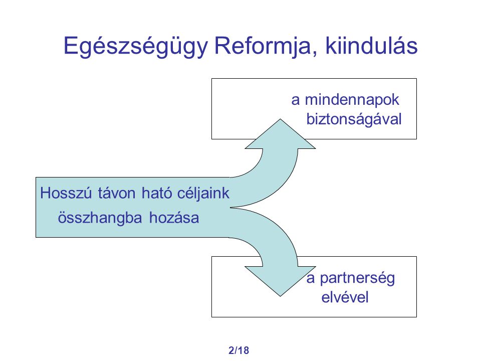 2/18 Egészségügy Reformja, kiindulás a mindennapok biztonságával a partnerség elvével Hosszú távon ható céljaink összhangba hozása