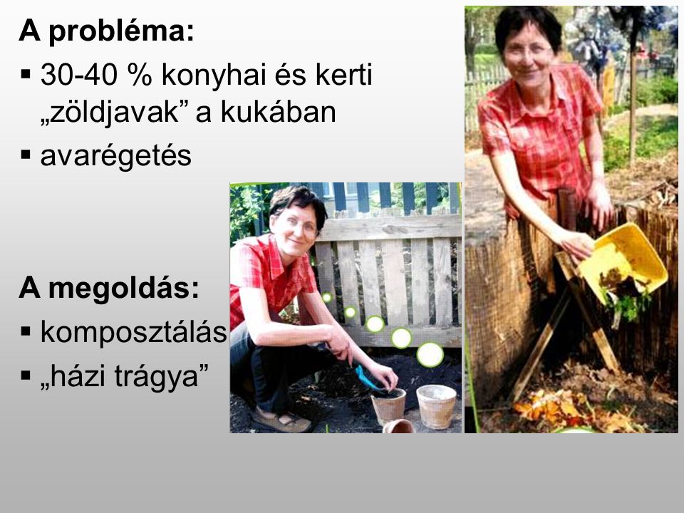 A probléma:  % konyhai és kerti „zöldjavak a kukában  avarégetés A megoldás:  komposztálás  „házi trágya