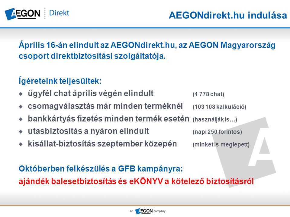 AEGONdirekt.hu indulása Április 16-án elindult az AEGONdirekt.hu, az AEGON Magyarország csoport direktbiztosítási szolgáltatója.