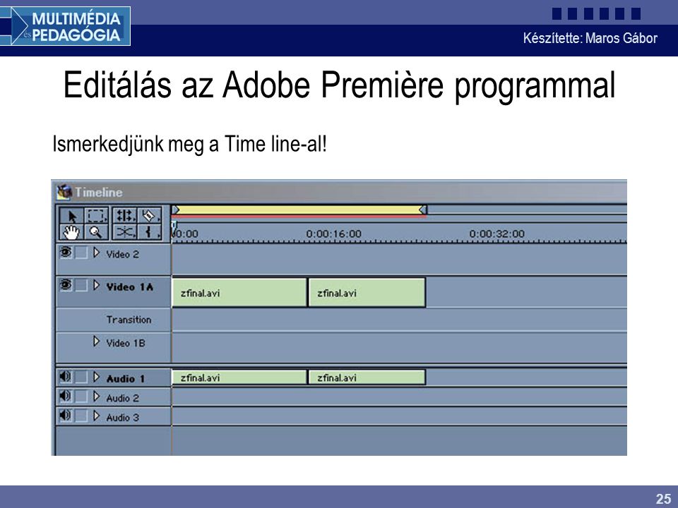 Készítette: Maros Gábor 25 Editálás az Adobe Première programmal Ismerkedjünk meg a Time line-al!