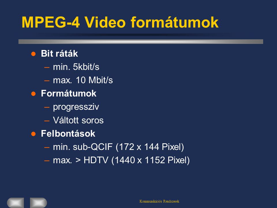 Kommunikációs Rendszerek MPEG-4 Video formátumok  Bit ráták –min.