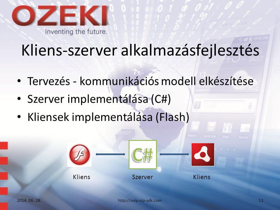 Kliens-szerver alkalmazásfejlesztés • Tervezés - kommunikációs modell elkészítése • Szerver implementálása (C#) • Kliensek implementálása (Flash) 2014.