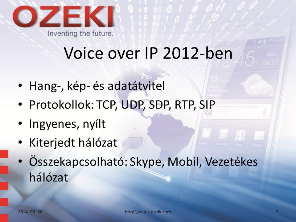 Voice over IP 2012-ben • Hang-, kép- és adatátvitel • Protokollok: TCP, UDP, SDP, RTP, SIP • Ingyenes, nyílt • Kiterjedt hálózat • Összekapcsolható: Skype, Mobil, Vezetékes hálózat 2014.