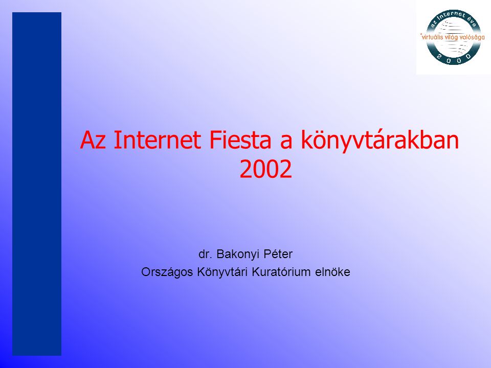 Az Internet Fiesta a könyvtárakban 2002 dr. Bakonyi Péter Országos Könyvtári Kuratórium elnöke